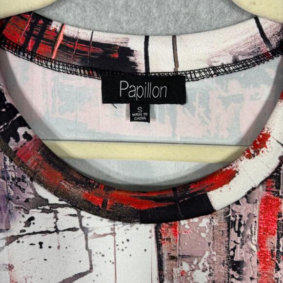 Papillon Dress Small Red Purple Flowy Pockets Jersey Knit Abstract Artsy Print - Picture 5 of 11